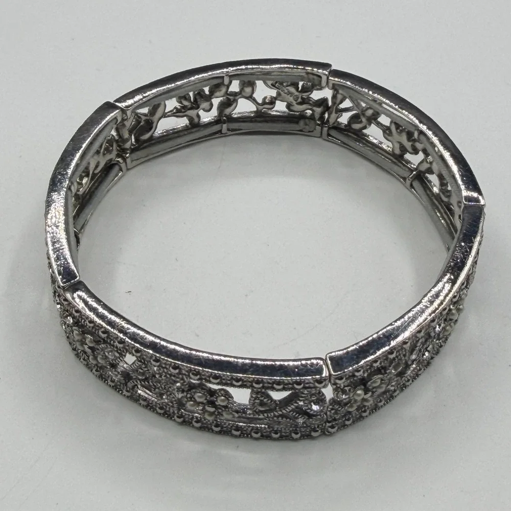Silver Tone Floral Rhinestone Faux Pearl Filigree Wide Stretch Cuff Bracelet